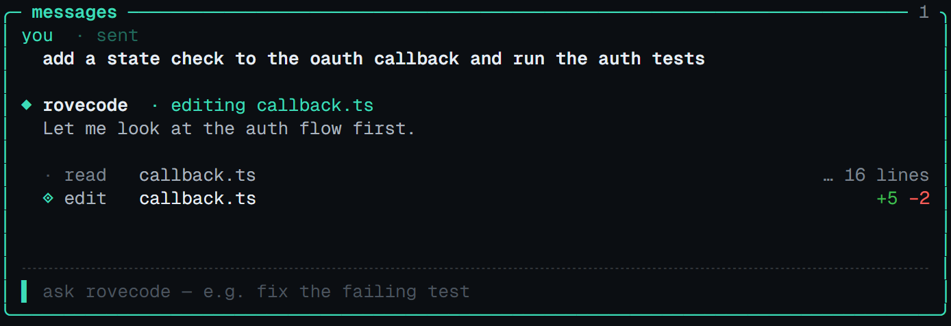 The messages panel: a user line, the assistant's note, then compact tool rows for read and edit with +5 −2